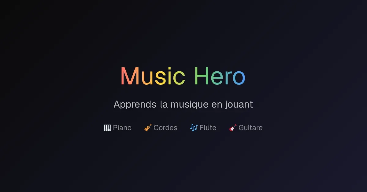 Titre Music Hero en dégradé arc-en-ciel, avec la liste des instruments.